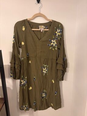 fig and flower Olive Green V-Neck Tunic with Blue and Yellow Floral Embroidery